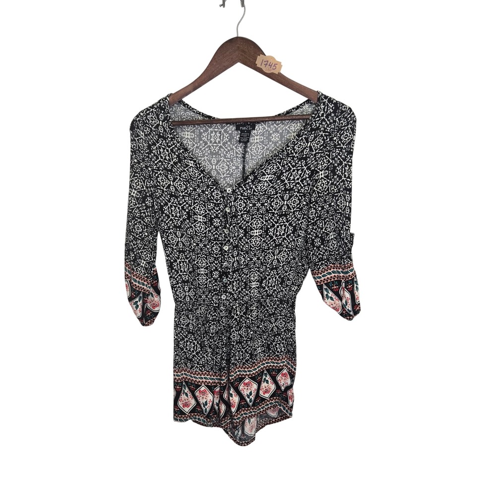 Rue21 Womens Black White Geometric Floral Border Print Button Front Romper Small